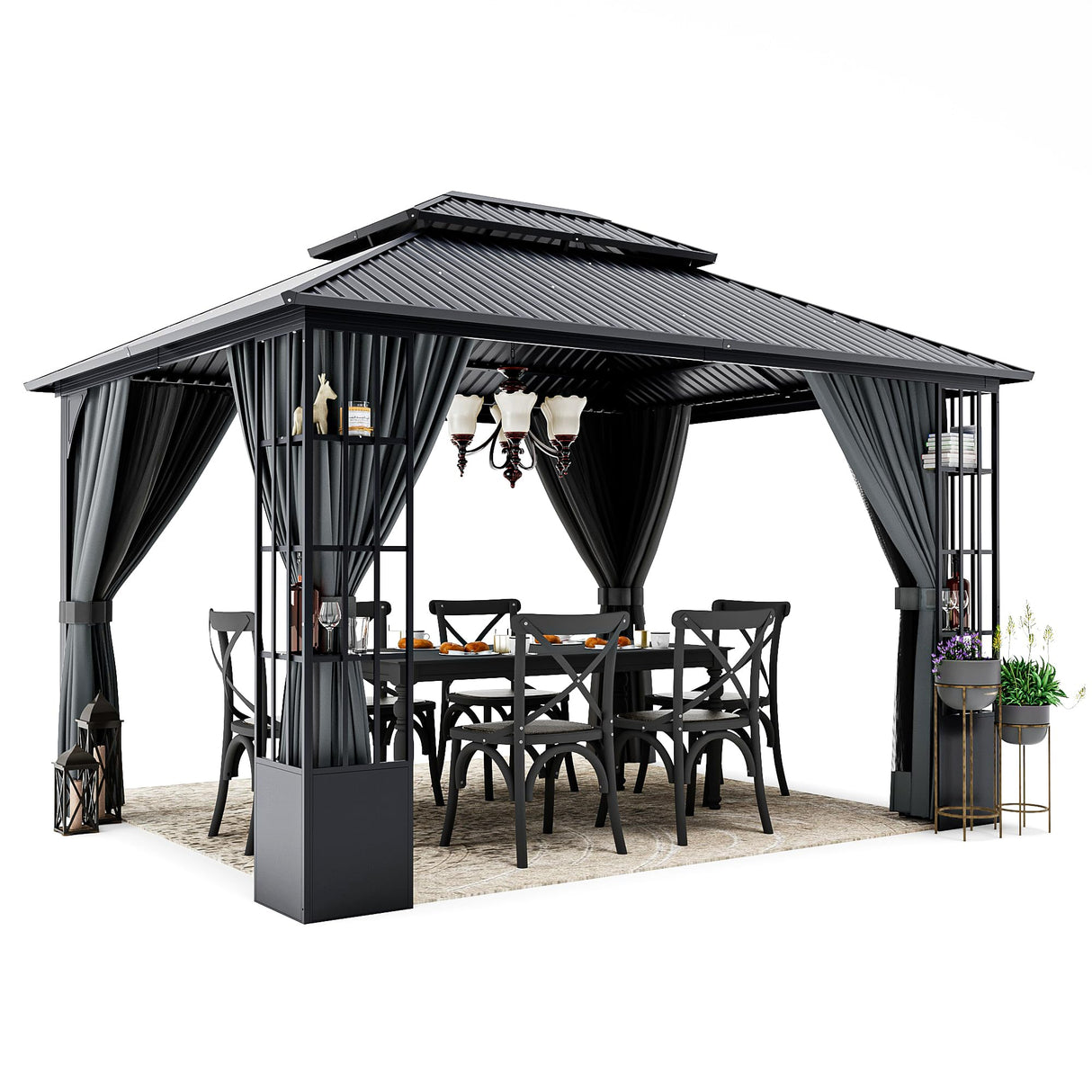 HAPPATIO 10' x 12' Hardtop Gazebo, Outdoor Gazebo with Netting and Curtains, Double Roof Permanent Patio Metal Gazebo Canopy with Storage Shelf for Patio, Deck, Backyard (Gray) HAPPATIO
