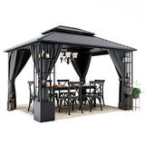 HAPPATIO 10' x 12' Hardtop Gazebo, Outdoor Gazebo with Netting and Curtains, Double Roof Permanent Patio Metal Gazebo Canopy with Storage Shelf for Patio, Deck, Backyard (Gray) HAPPATIO