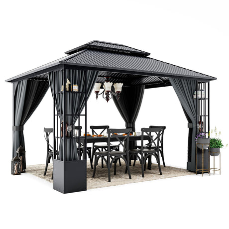 HAPPATIO 10' x 12' Hardtop Gazebo, Outdoor Gazebo with Netting and Curtains, Double Roof Permanent Patio Metal Gazebo Canopy with Storage Shelf for Patio, Deck, Backyard (Gray) HAPPATIO