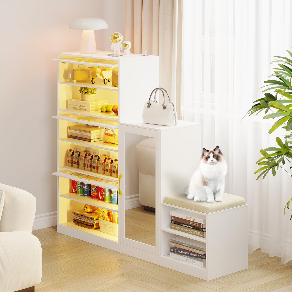 LVSOMT Modern Shoe Storage Cabinet with Shoe Bench, Freestanding Rack with Mirror, LED Light, & Charging Ports, Hidden Organizer, Large Wooden Cabinet for Entryway (White) LVSOMT