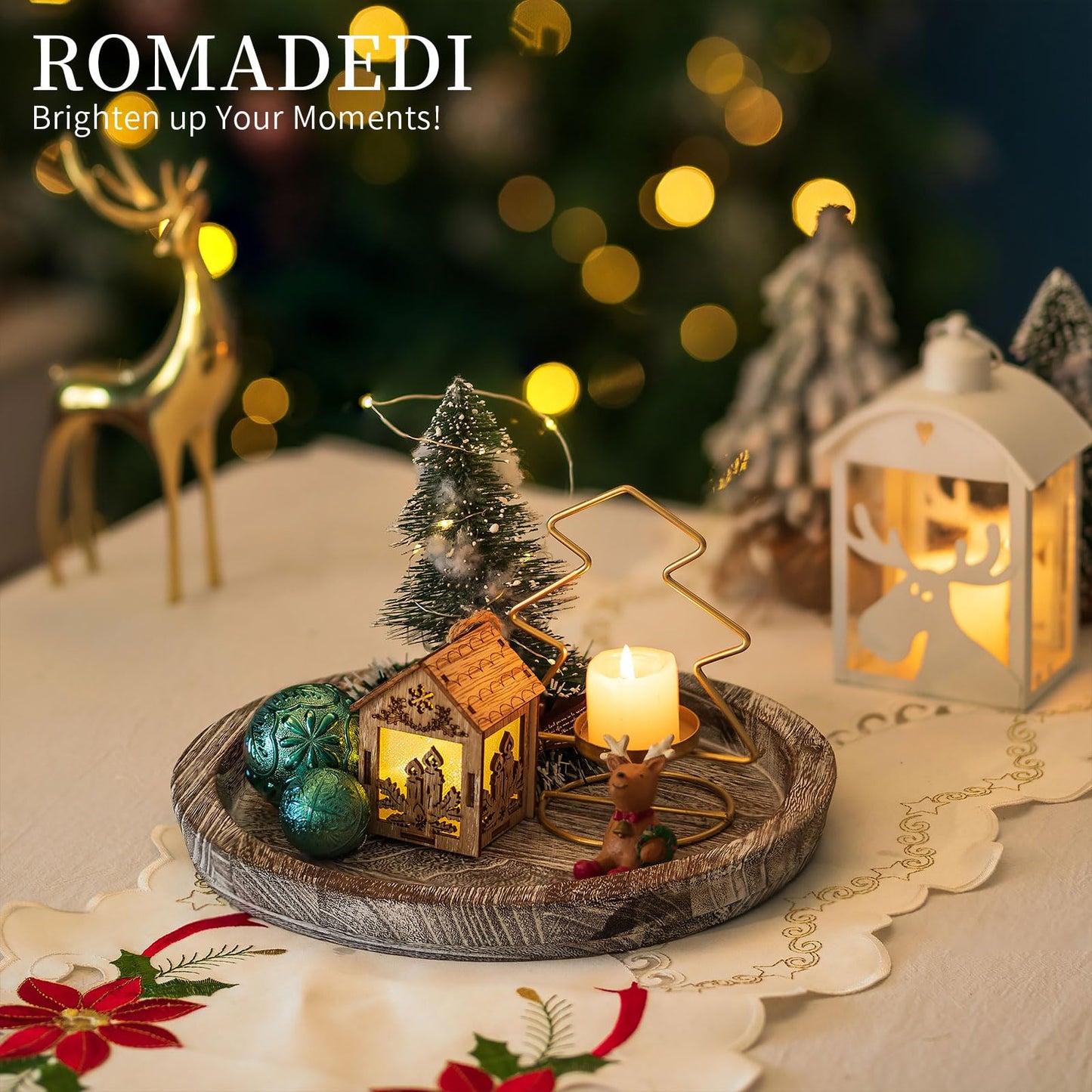 Wooden Decorative Tray Candle Holder: Romadedi Round Wood Tray Home Decor, Whitewash Rustic Trays for Farmhouse Dinning Table Kitchen Countertop Coffee Table Wedding Centerpiece, 11inch, Size L