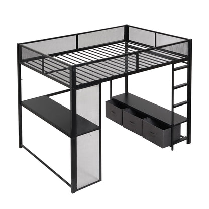 Ziraukon Full Size Loft Bed with Desk and LED, Metal Gaming Bed with Open Wardrobe and Storage Drawers, Mid Loft Bed Frame, No Box Spring Needed, Black