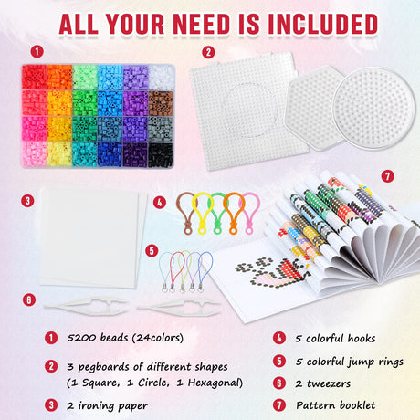 QUEFE 5200pcs Fuse Beads Kit for Boys and Girls, 24 Colors 5mm Melting Beads Set Including Pegboards, Ironing Paper, Tweezers, Colorful Hooks for Birthday and Christmas Gift QUEFE