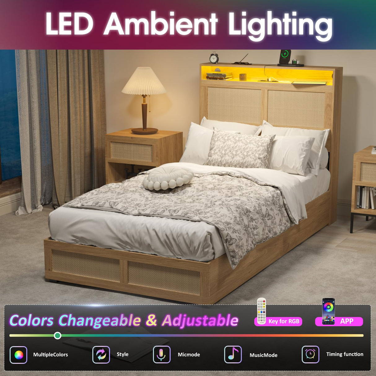 Fameill Twin Bed Frame with LED Light and Storage Rattan Headboard and 4 Drawers,Charging Station,Metal Platform with Strong Metal Slats Support,Boho Cane Bed Mattress Foundation No Box Spring Needed Fameill