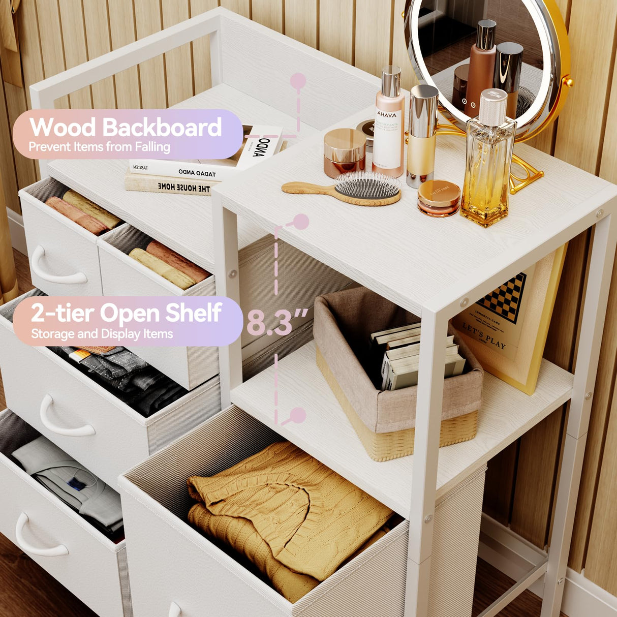 Furnulem Dresser for Bedroom Organization Fabric Dresser Units with 5 Storage Drawers Sturdy 2 Tier Shelf Large Space Dresser Bedroom Dresser for Hallway Entryway Dorm White Furnulem