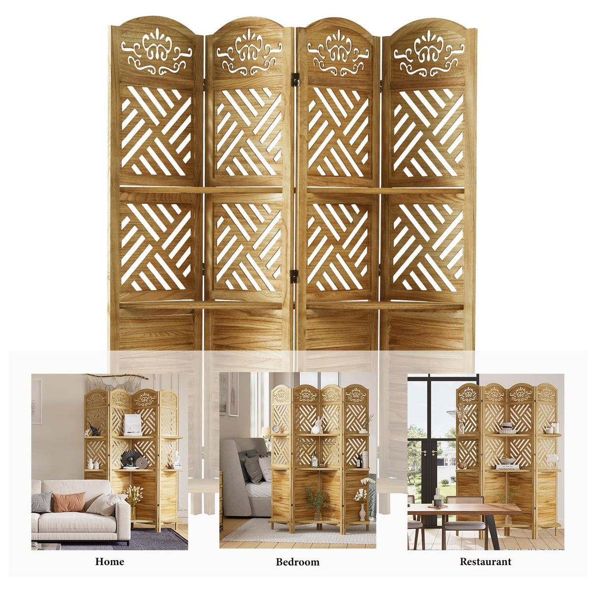 Room Divider with Shelves, 5.75ft Tall Folding Wood Carved Screen with Double Hinges for Home Office Bedroom Hotel Decoration (4 Panels, Natural) Svimi