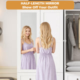 IRONCK Wardrobe Closet with LED Light & Mirror, Wooden Modern Armoire with 2 Drawers and Hanging Rod, Large Capacity Storage Closet for Bedroom, White IRONCK