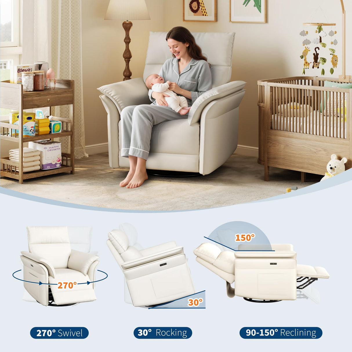 GarveeHome Power Recliner Chair, 270° Swivel Rocking Glider with USB Charging Port, PU Leather Upholstered Fabric and Double-Layer Armrests, Nursery Chair for Living Room, Nursery(Off-White) GarveeHome