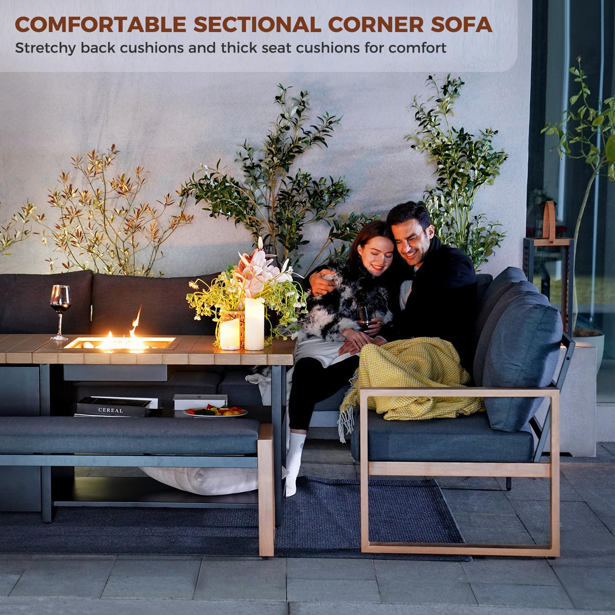 Grand patio 4-Piece Outdoor Furniture Set with Gas Fire Pit Table, Aluminum Patio Sofa Set for 8 with Faux Wood Grain Finish, Modern Patio Couch Sofa with Outdoor Bench and Chaise for Backyard Grand patio