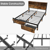 Alohappy Full Size Bed Frame with Storage Headboard and Drawers, Metal Platform Bed Frame RGB Led Lights and with Charging Station, No Nosie No Box Spring Needed (Full) Alohappy