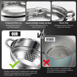 AuFranc® 4 Quart 18/10 Stainless Steel Tri-ply Stockpot and Steamer with Tempered Glass Lid, Multipurpose Steamer Pot Compatible with All Cooktops, Non-Toxic Soup Pot, Oven & Dishwasher Safe (Silver) Aufranc