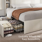 EnHomee King Size Bed Frame with 4 Storage Drawers, Upholstered Platform King Bed Frame with Headboard & LED Lights & Charging Station, Noise Free, No Box Spring Needed, Beige EnHomee