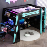 Full Size Wood Gaming Loft Bed with Desk, Full Loft Bed with Multi-Storage Shelves, Light and Charging Station for Teens, Adults Desk Built-in Console Shelf Underneath No Box Spring Needed, Blue Bellemave