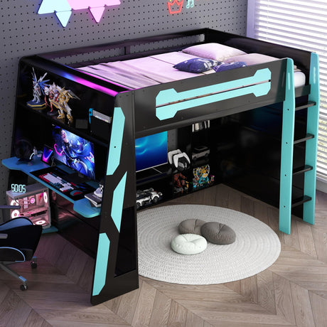 Full Size Wood Gaming Loft Bed with Desk, Full Loft Bed with Multi-Storage Shelves, Light and Charging Station for Teens, Adults Desk Built-in Console Shelf Underneath No Box Spring Needed, Blue Bellemave