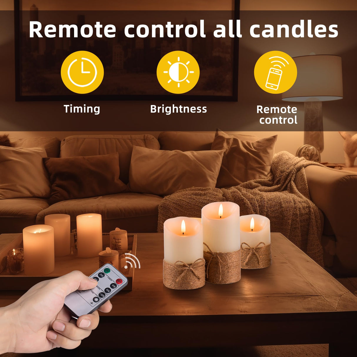 AKU TONPA Flameless Candles Battery Operated Pillar Real Wax Electric LED Candle Gift Set with Remote Control and Timer, 4" 5" 6" Pack of 3 (Ivory Wax with Hemp Rope) AKU TONPA