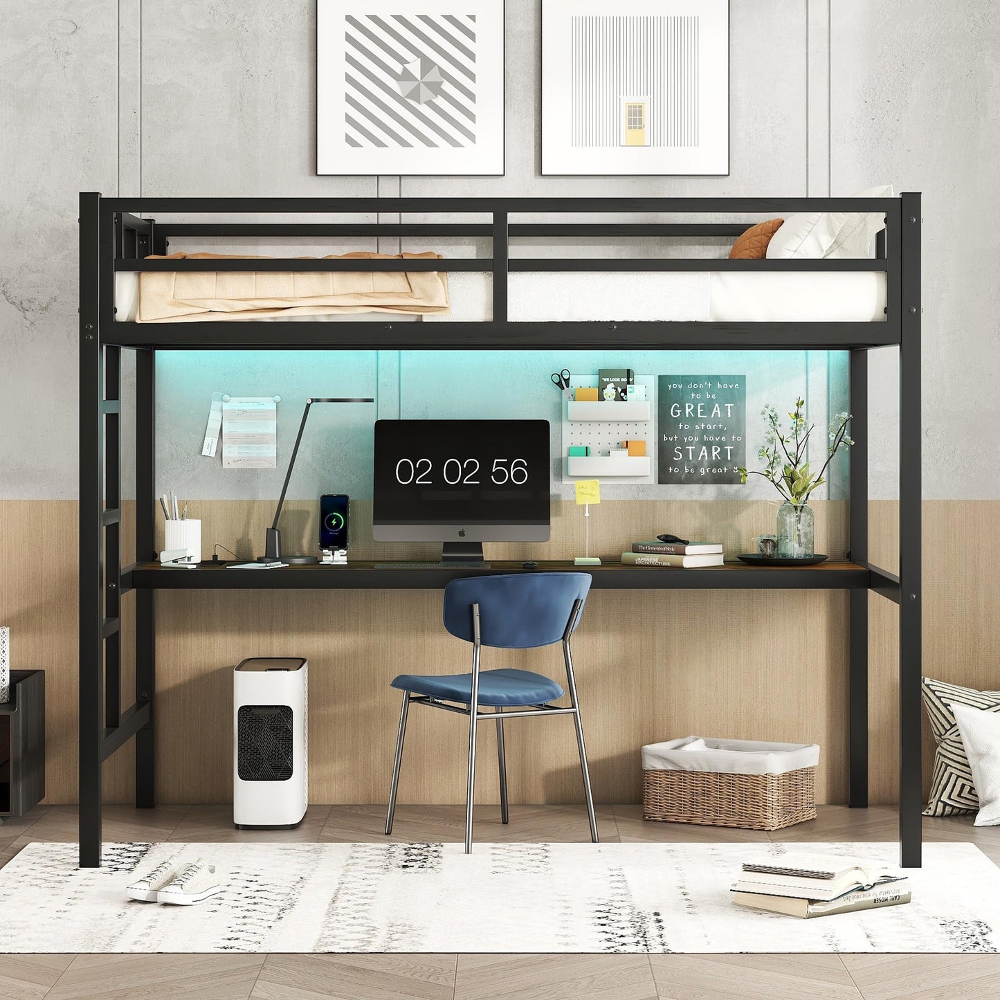 Anwick Full Size Metal Loft Bed with Desk, LED Lights, Charging Station, Safety Guard, and Ladder, Space-Saving and Noise-Free Design, No Box Spring Needed