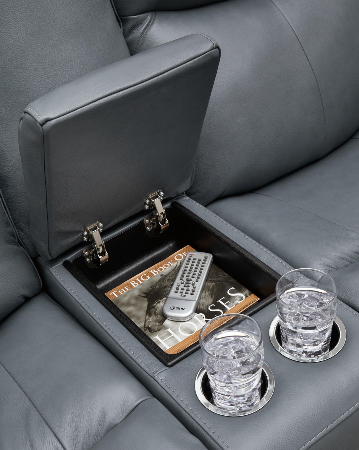 Signature Design by Ashley Mindanao Modern Leather Match Upholstered Power Reclining Loveseat with Console, USB Ports and Cup Holders, Gray Signature Design by Ashley