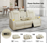 Plithzy Breathable Leather Power Recliner Sofa Set 3 Piece Living Room Furniture Electric Reclining Leather Couches with Cup Holders, LED Light, USB Port and Storage for Home Theater (Cream White) Plithzy