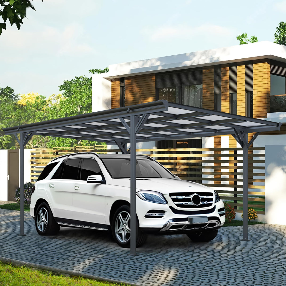 Real Relax Metal Carport 10 x 16ft with Heavy Duty Metal Frame & Pitched-Roof Polycarbonate Panel Canopy, Sturdy Canopy Shelter for Car, Truck, Pickup, SUV, Tractor, and Boat, Grey Real Relax