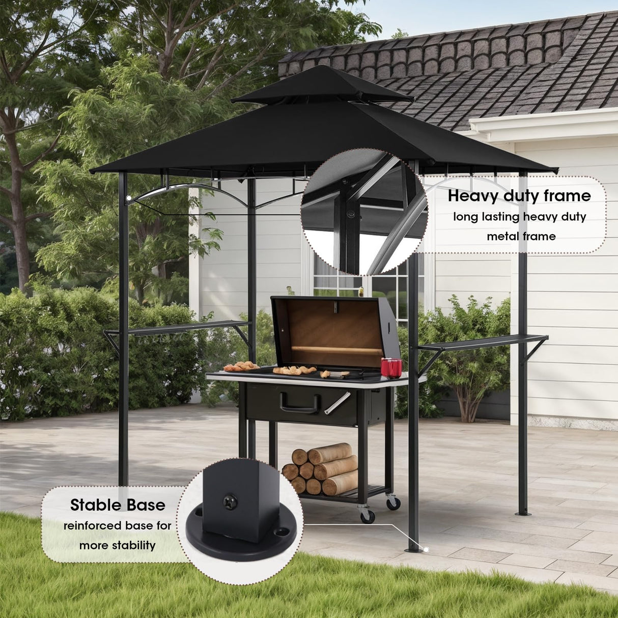 Grill Gazebo Canopy, 8'x 5' Outdoor BBQ Gazebo Shelter, Patio Double Tiered Tent for Barbecue and Picnic, Black TANGJEAMER