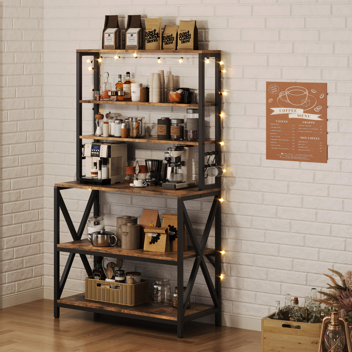 Yaheetech 6-Tier Kitchen Bakers Rack, 31.5 Inch Coffee Bar Table, Farmhouse Microwave Oven Stand Cabinet for Small Spaces, Corner Organizer Storage Shelf for Spices and Pots Rustic Brown Yaheetech