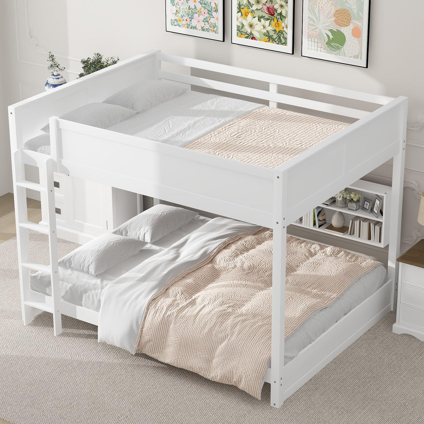 Modern Queen Over Queen Bunk Bed, Multifunctional Wood Bunk Bed with Storage Cabinets and USB Ports for Kids Teens Adults Bedroom (White-2)