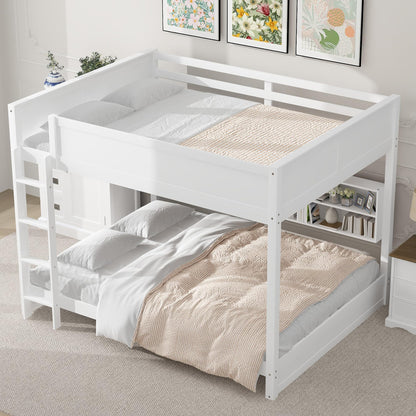 Modern Queen Over Queen Bunk Bed, Multifunctional Wood Bunk Bed with Storage Cabinets and USB Ports for Kids Teens Adults Bedroom (White-2)