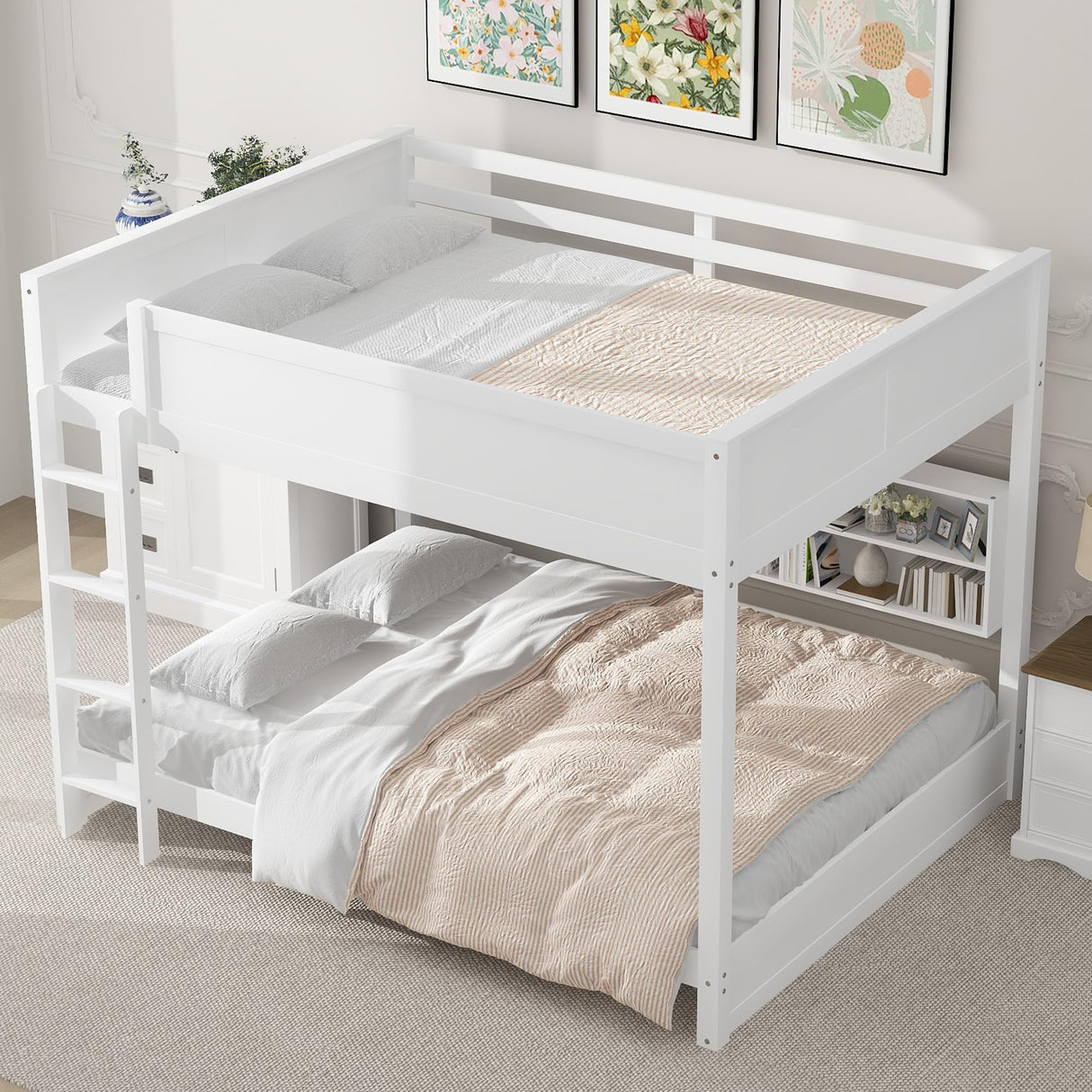 Merax Queen Over Queen Bunk Bed with Storage Cabinets and USB Ports, White Merax