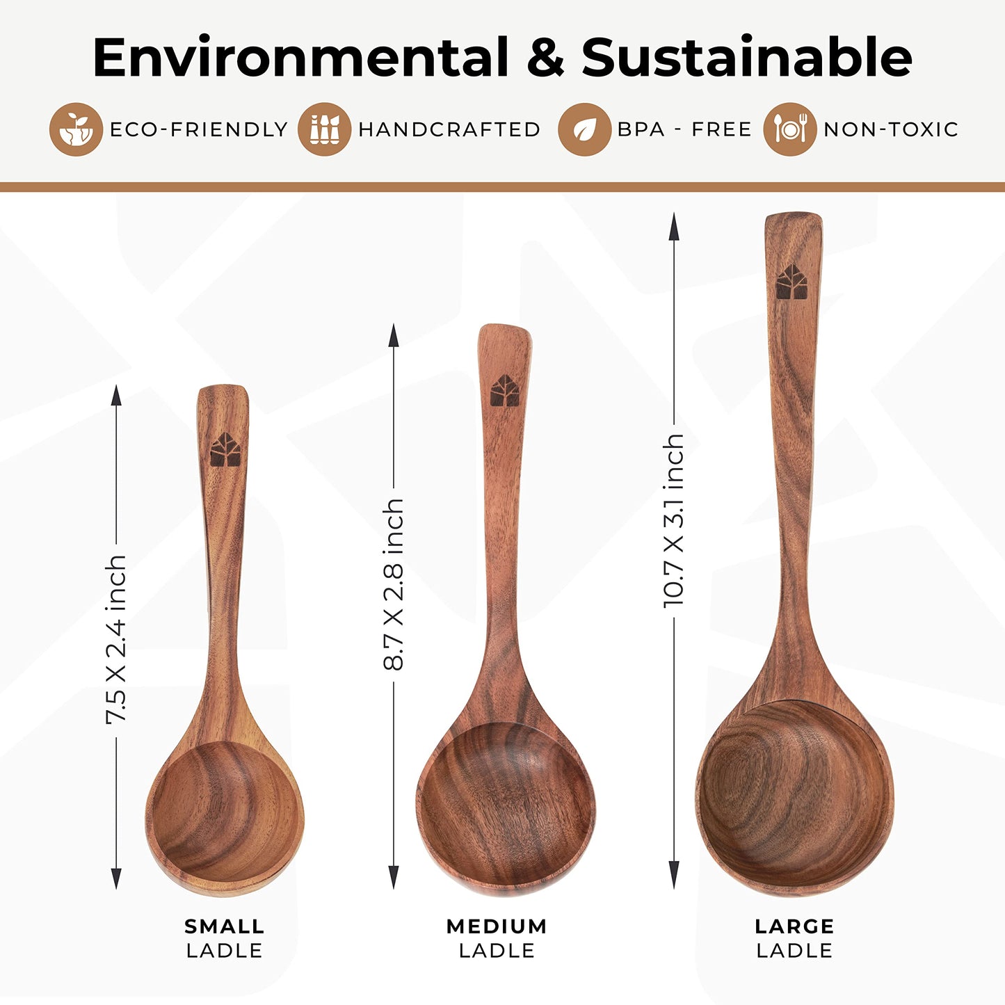 Wooden Ladle Spoon Set, 3 Size Teak Wood Kitchen Serving Spoon with Back Hooks for Pot & Bowl, Non-Stick Wooden Spoon Set for Cooking, Serving and Stirring