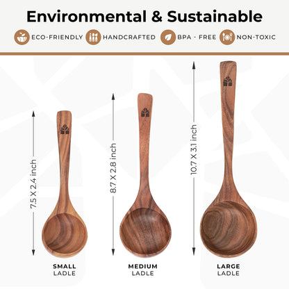 Wooden Ladle Spoon Set, 3 Size Teak Wood Kitchen Serving Spoon with Back Hooks for Pot & Bowl, Non-Stick Wooden Spoon Set for Cooking, Serving and Stirring