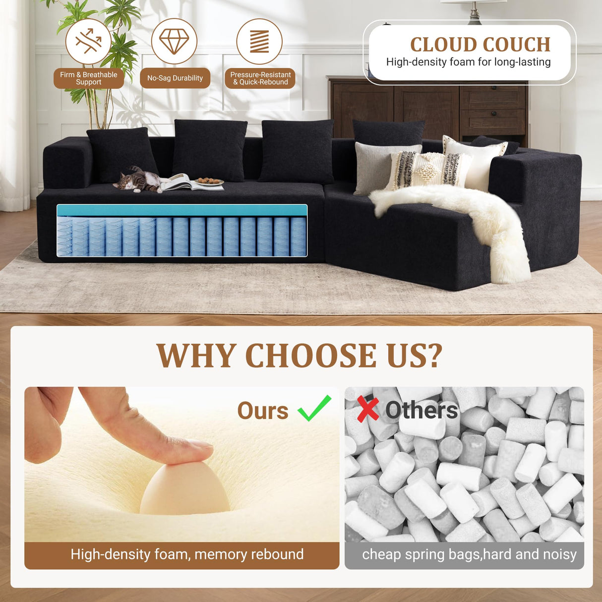 EYATZO 129.5" Modular Sectional Sofa, Modern Cloud Curved Couch with Deep Seat, Upholstered Boneless Couches for Living Room, Apartment, No Assembly Required, Chenille Fabric, Black EYATZO