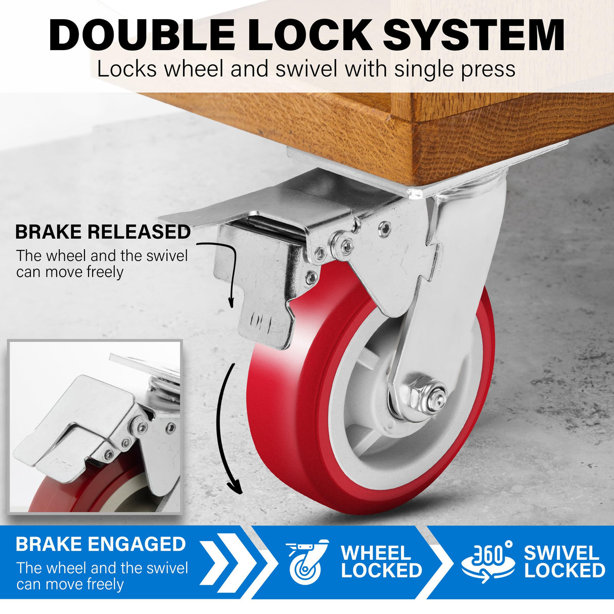 Castrek 6 Inch Heavy Duty Casters Set of 4, Lockable Plate Caster Wheels with Brakes Scratch Resistant & 360 Degree Rotatable, 6000 lbs Load Capacity - Ideal for Any Floor (2 x Swivel & 2 x Brakes) Castrek