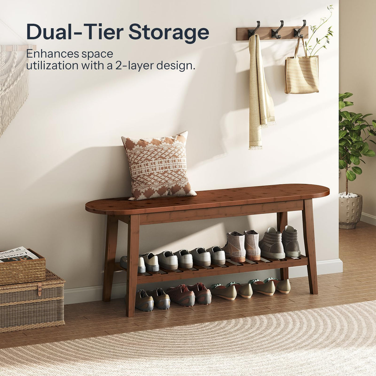 HOOBRO Dining Bench, 2-Tier Bamboo Farmhouse Entryway Bench, Indoor Storage Wooden Bench for Living Room, Dining Room, Hallway, Bedroom, Entryway, Bathroom, Brown BR06CD01 HOOBRO