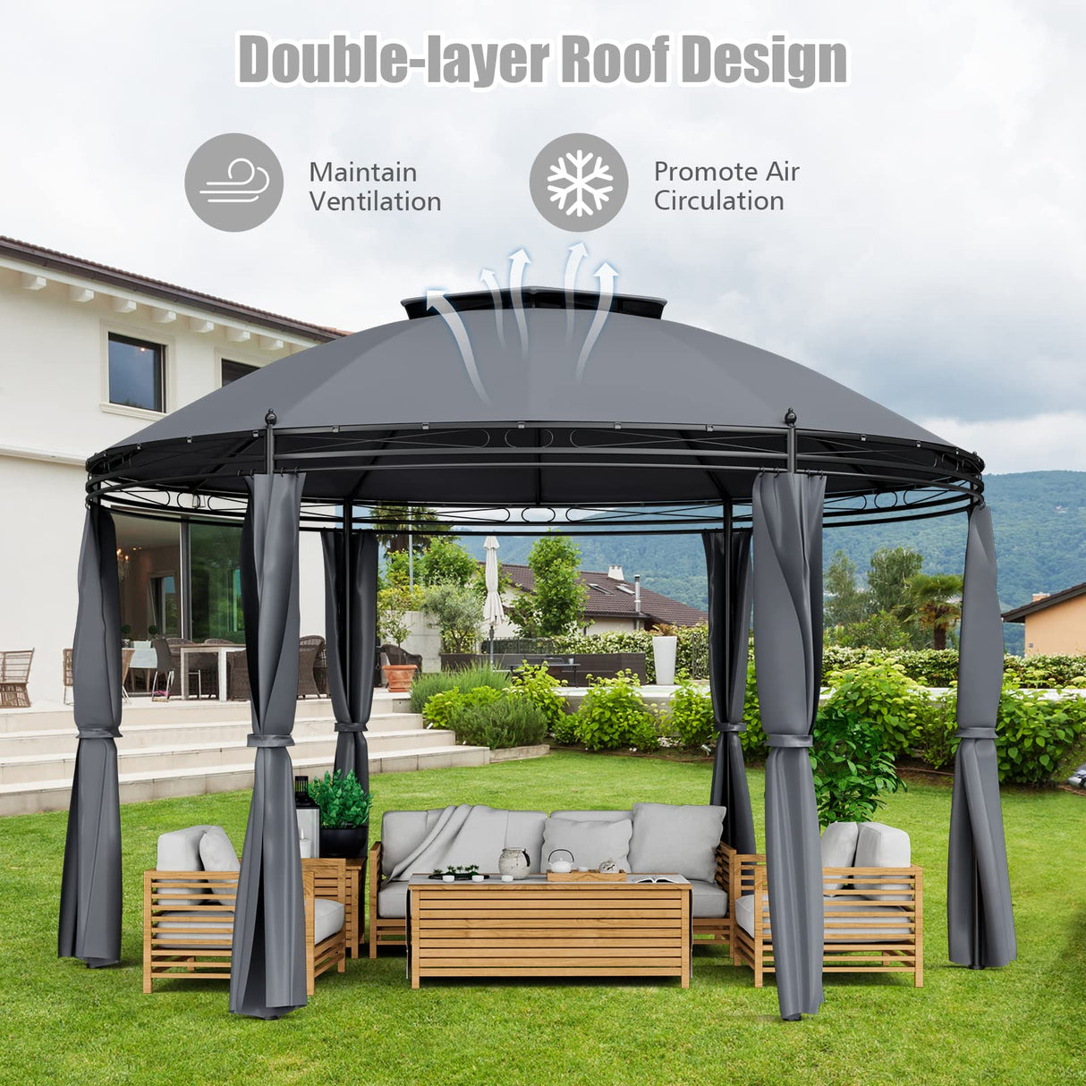 Tangkula 11.5x11.5 ft Round Patio Gazebo, 2-Tier Dome Gazebo with Removable Side Curtains, Heavy Duty Steel Frame, Outdoor Gazebo Pavilion for Tangkula