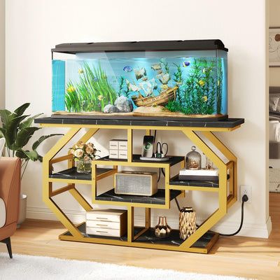 DWVO 55-75 Gallon Aquarium Stand with Power Outlet, Display Stand for Turtle Tank, Reptile Terrarium, Metal Fish Tank Stand Suitable for Living Room, Entryway, 860LBS Capacity, Black & Gold