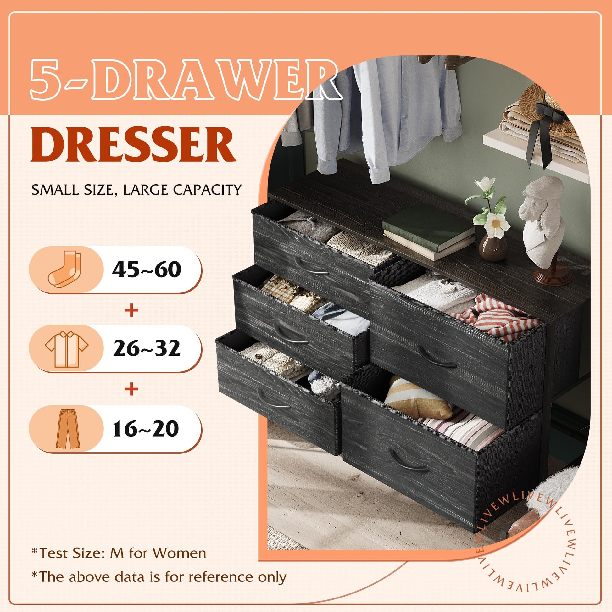 WLIVE Dresser for Bedroom with 5 Drawers, Wide Bedroom Dresser with Drawer Organizers, Chest of Drawers, Fabric Dresser for Living Room, Closet, - WoodArtSupply