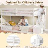 KOMFOTT Wood Twin Over Twin Low Bunk Bed with Storage Staircase, Wooden Bunk Bed Frame with Full-Length Guardrails, Low Profile Bunk Bed with Slats Support, No Box Spring Needed (White) KOMFOTT
