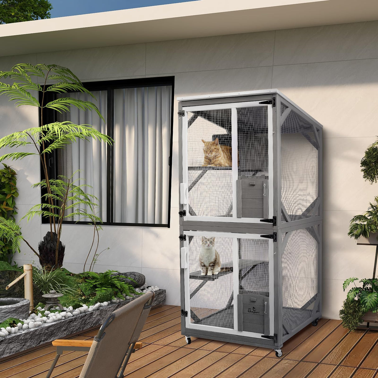 GEGURI Large Cat House Outdoor Catio Enclosure, Indoor Wooden Kitten Cage with Upgraded Resting Box, Waterproof Roof GEGURI
