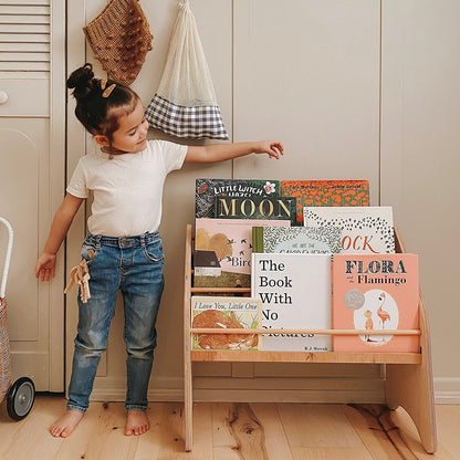 Montessori Bookshelf for Toddler Wood Kids Playroom Furniture Natural Wooden Nursery Gift Birthday Baby Neutral Room Storage Shelf Large Bookcase Child Decor Idea (Small) - WoodArtSupply