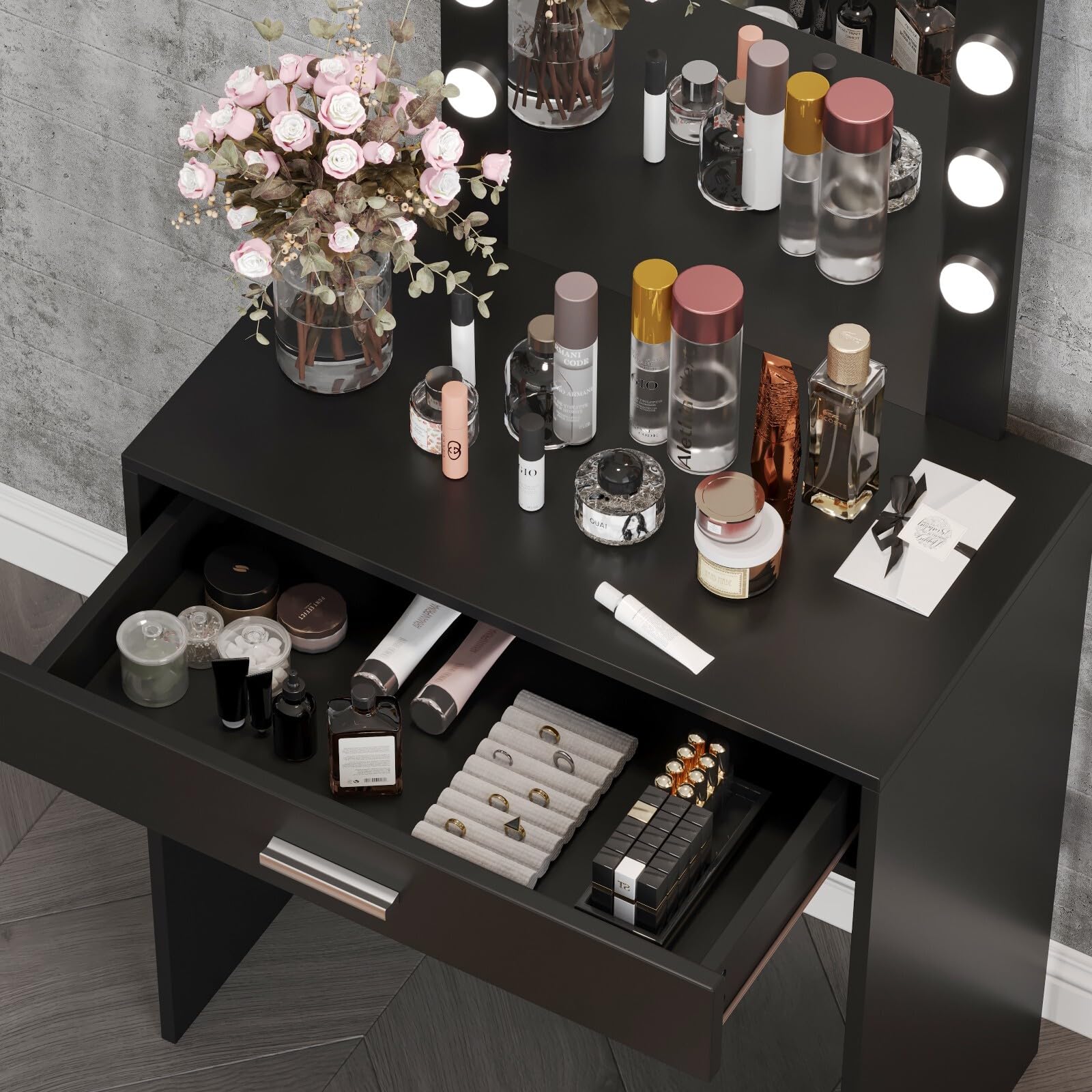 Reettic Makeup Vanity Table with Lighted Mirror, Vanity Desk with Drawers, Bedroom Dressing Table, 10 LED Blubs & Adjustable Brightness, for Women, Mother, Girls, Black RSZT102B - WoodArtSupply