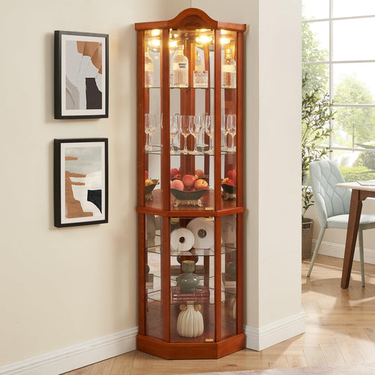 QSOSTNS Lighted Corner Display Curio Cabinet Curved Wood Corner Cabinet with Tempered Glass Doors and Shelves for Living Room (Oak)