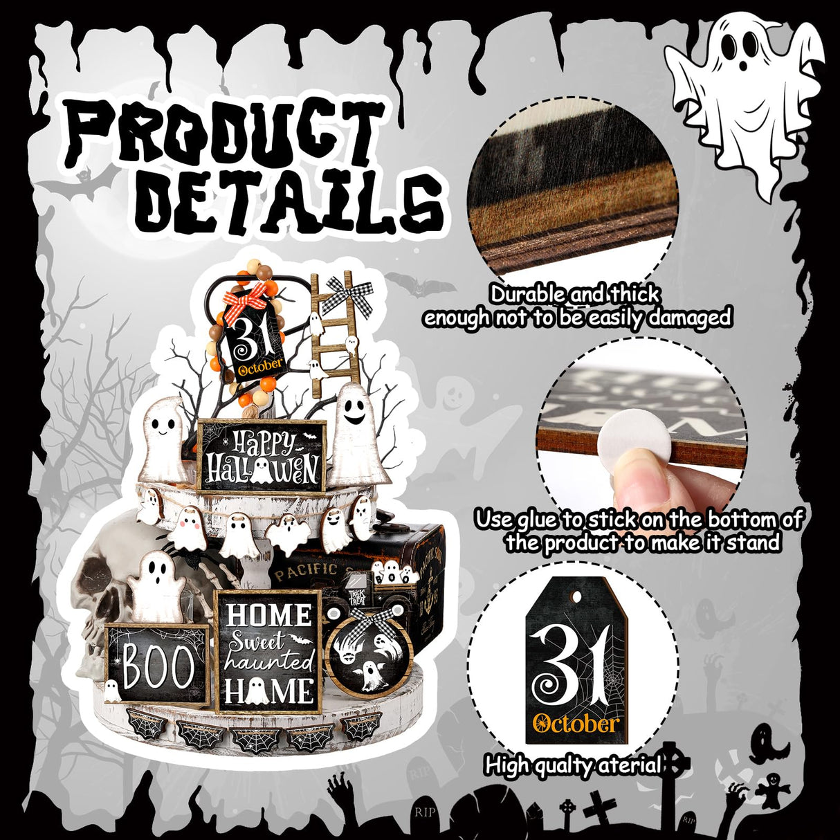 MiniInflat 21 Pcs Halloween Tiered Tray Decor Set Happy Halloween Wooden Signs Rustic Table Centerpieces Farmhouse Tiered Tray Decor for Halloween Home Table Kitchen, Tray Not Included(Ghost) MiniInflat