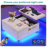 Storage Ottoman Coffee Table,Square Ottoman with Storage & Charging Station and LED Lights,Velvet Buttons Large Ottoman Coffee Table with Lift Top & Solid Wood Legs for Living Room Bedroom (Beige) busyaeh