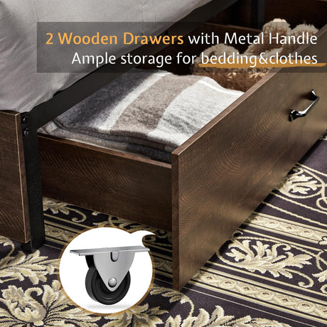 VanAcc Queen Size Wooden Platform Bed Frame with Bookcase Headboard, Storage Drawers, and Charging Station VanAcc