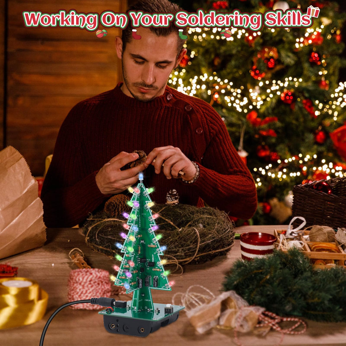 IS Christmas Tree Soldering Project, Icstation 3D Xmas Tree Soldering Kit with LED Flashing Lights Soldering Practice 7 Colors DIY Electronic Assemble Kit for Learning Teaching STEM Educational IS