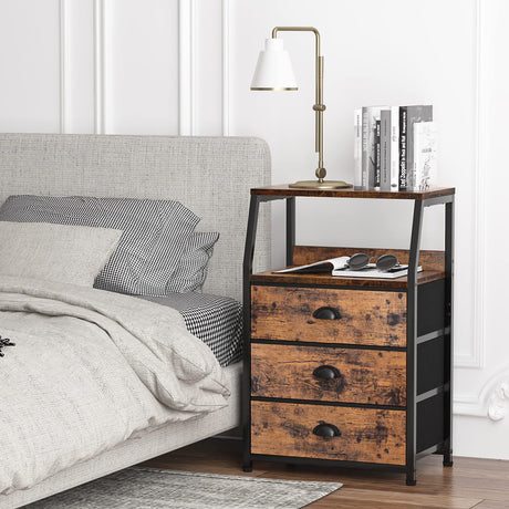 Furnulem Nightstand with 3 Drawers and 2-Tier Shelf, Fabric Small Dresser Organizer Vertical Storage Tower for Bedroom, Closet, Hallway, Nursery, End Table Side Furniture, Sturdy Steel Frame, Wood Top Furnulem