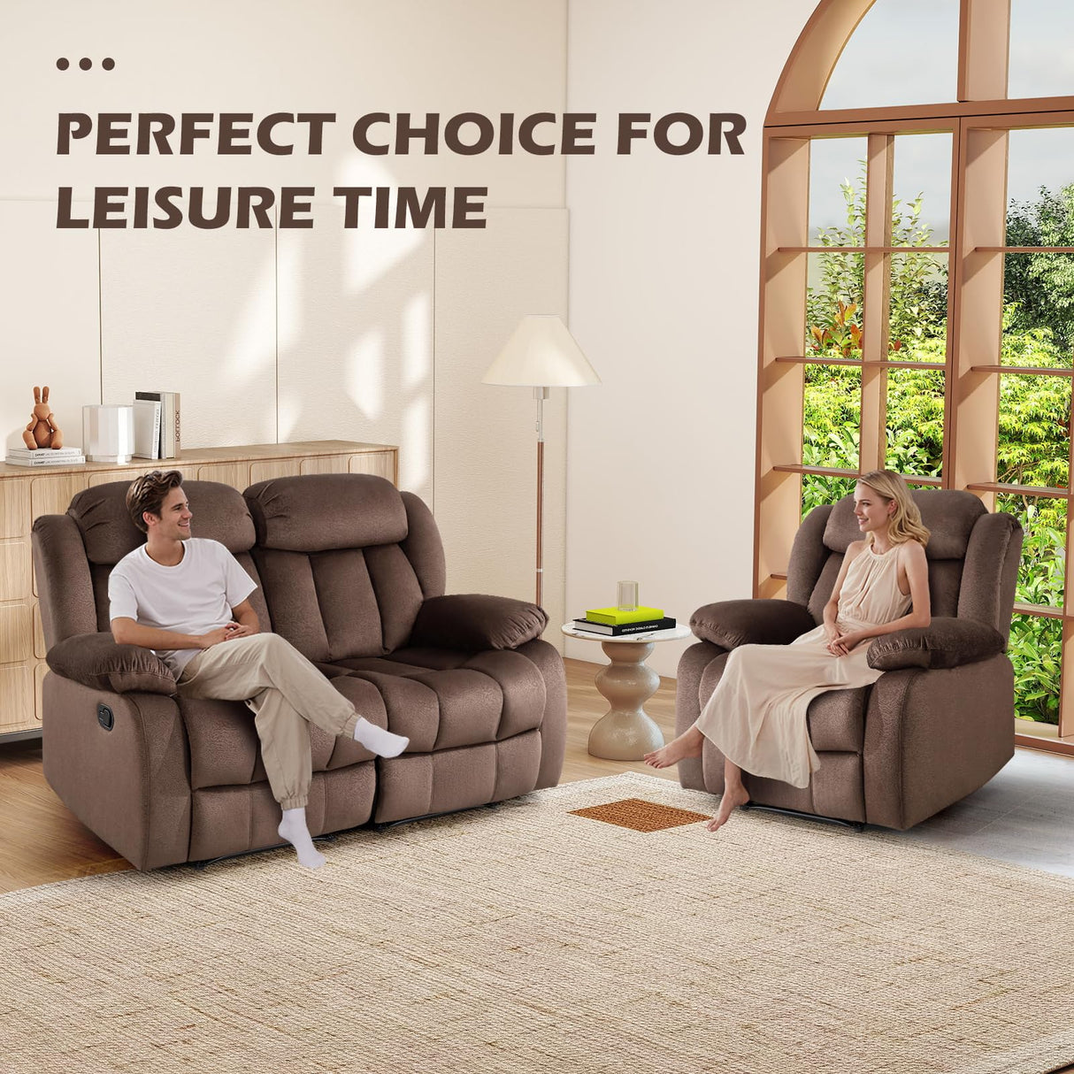 INZOY Manual Reclining Sofa Set, Included Manual Single Recliner Chair and Wall-Hugger 2 Seat Recliner Loveseat, Modern Double Reclining Sofa Couch for Living Room Furniture, Brown, 1+2 INZOY