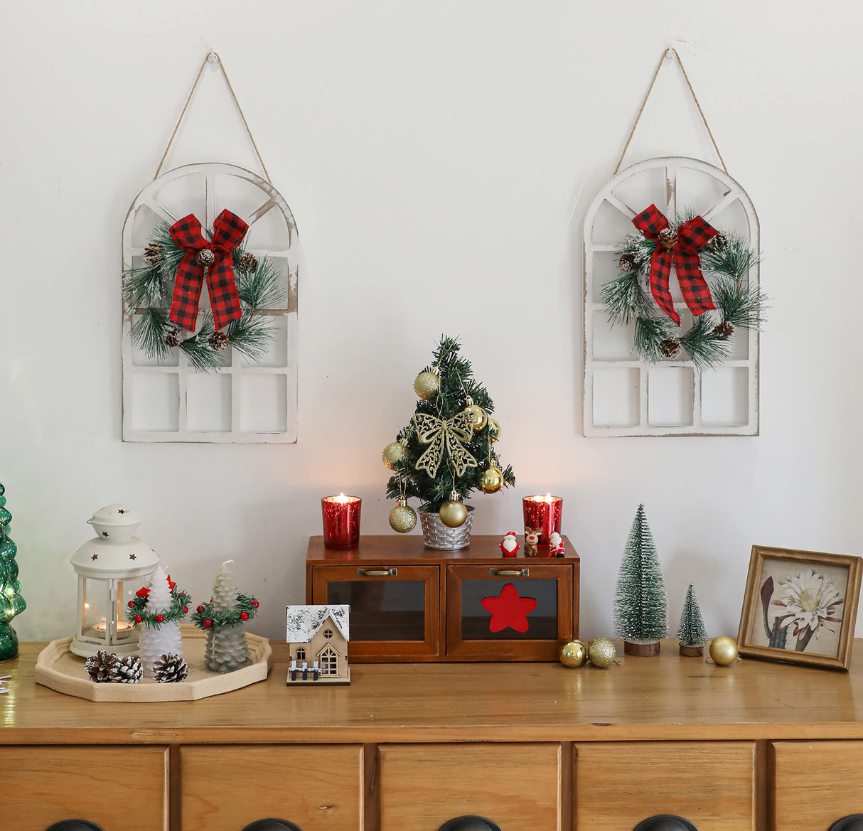 NEWLIGHTURE Wood Christmas Holiday Wall Hanging Indoor Outdoor Decorations Rustic Christmas Window Plaque Signs Wooden Arch with Wreath Christmas Home Party (Red-Black) NEWLIGHTURE