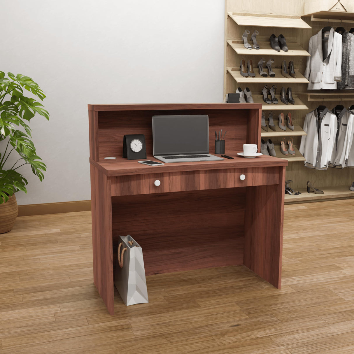 UGOS Mono Walnut Modern Reception Desk w/Transaction Counter | Laminate Desktop | Multifunctional Standing Front Desk for Home, Office, Salon, Spas, and Lobby (40 inch (100 cm)) UGOS