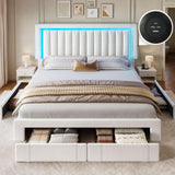 YITAHOME Queen Size Bed Frame with Adjustable Headboard, 4 Storage Drawers and RGB LED Lights, Velvet Upholstered Platform Bed with USB Ports, No Box Spring Needed, Fast Assembly, Noise-Free, White YITAHOME